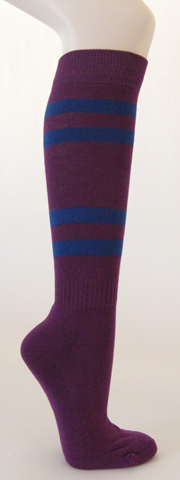 Purple cotton knee socks with blue stripes