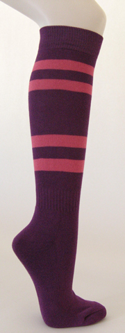 Purple cotton knee socks with bright pink stripes - Click Image to Close