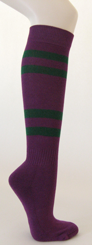 Purple cotton knee socks with dark green stripes