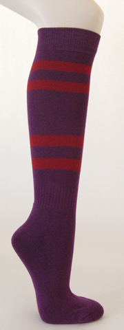 Purple cotton knee socks with dark red stripes
