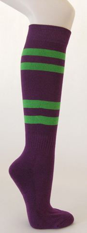 Purple cotton knee socks with bright green stripes