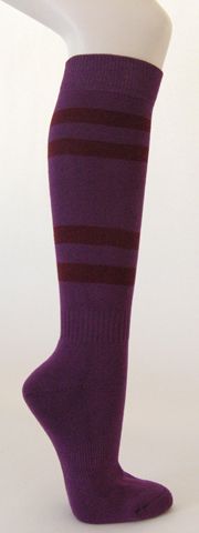 Purple cotton knee socks with maroon stripes
