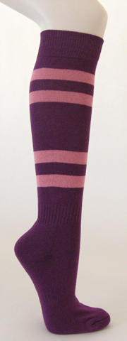 Purple cotton knee socks with pink stripes
