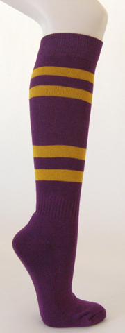 Purple cotton knee socks with golden yellow stripes
