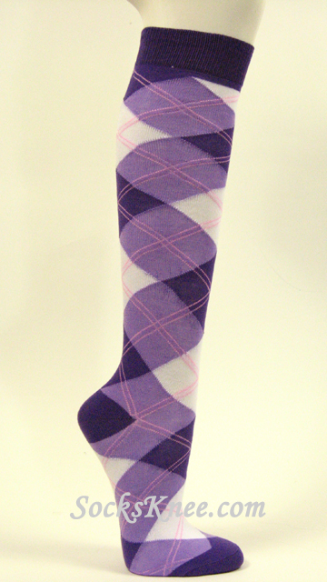 Purple Lavender Argyle High Knee Socks for Women - Click Image to Close