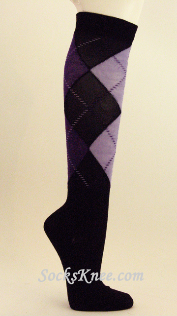 Purple & Lavender on Black Argyle knee sock for Women