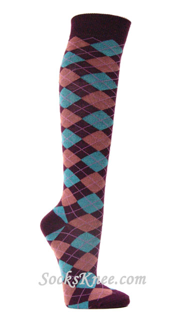 Purple Pink Turquoise Argyle Knee Socks for Women - Click Image to Close