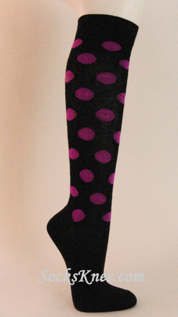 Purple Polka Dots Black Knee Socks for Women - Click Image to Close