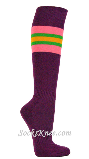 Purple Sock with Pink Bright Green Gold Yellow Stripe for Sports - Click Image to Close