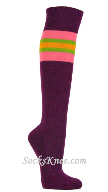 Purple Sock with Pink Lime Green Golden Yellow Stripe for Sports - Click Image to Close