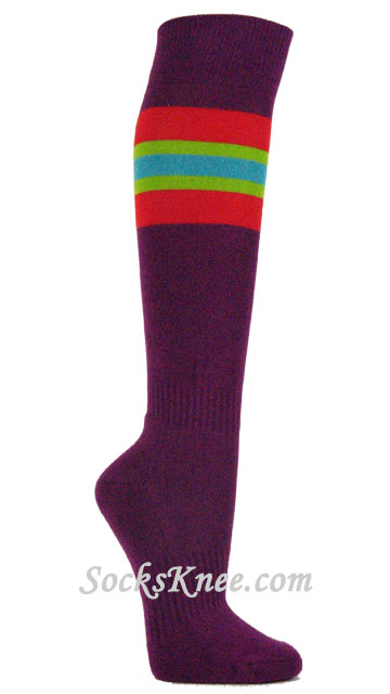 Purple Socks with Red Lime-Green Sky Blue Stripes for Sports - Click Image to Close