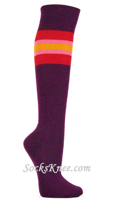Purple Socks with Red Pink Golden Yellow Stripes for Sports - Click Image to Close