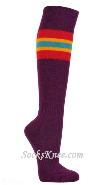 Purple Socks with Red Golden Yellow Sky Blue Stripes for Sports - Click Image to Close