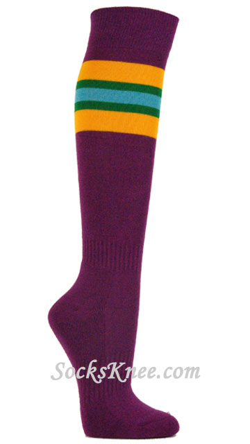 Purple Socks with Golden Yellow Green Sky Blue Stripe for Sports - Click Image to Close