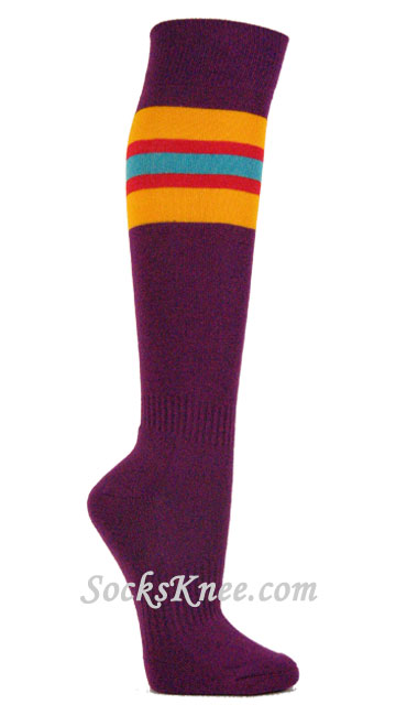 Purple Socks with Gold Yellow Red Sky Blue Stripes for Sports - Click Image to Close