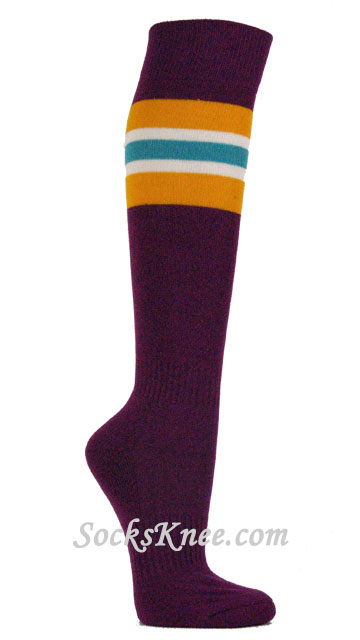 Purple Socks with Gold Yellow White Sky Blue Stripes for Sports - Click Image to Close