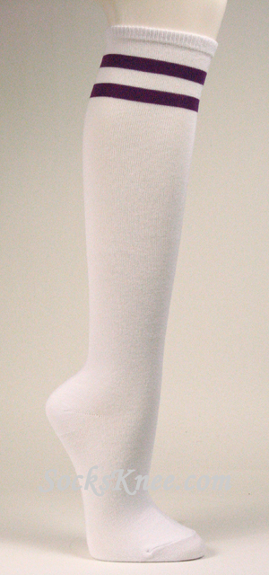 2 Purple Striped White Knee Socks for Women - Click Image to Close