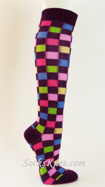 Purple with Lime Green Hot Pink Plaid Knee Socks for Women - Click Image to Close