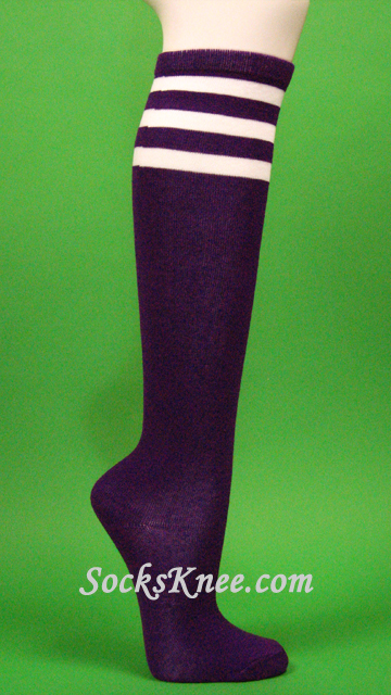Purple with 3 White Stripes Women's Knee Hi Socks