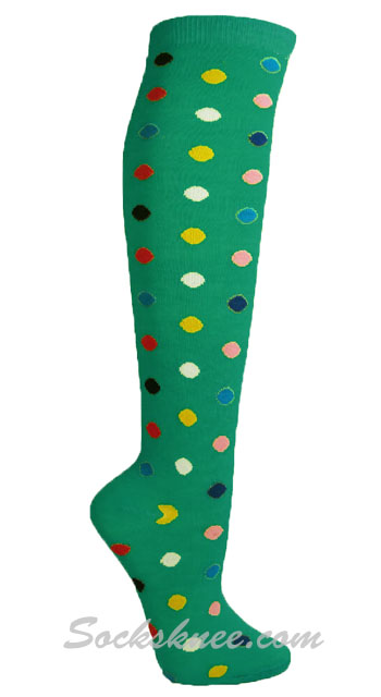 Spring Green Knee High Socks with Rainbow Polka Dots