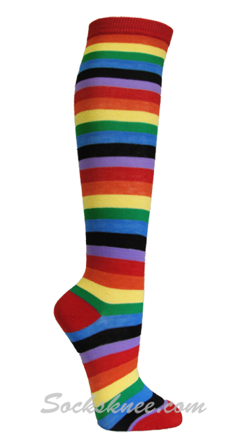 Rainbow Thin Striped Women's Knee High Socks - Click Image to Close