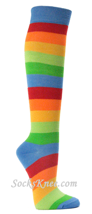 Rainbow Light Blue Stripe Knee High Socks for Women