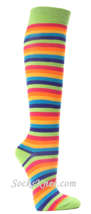 Rainbow Lime Green Stripe Knee High Socks for Women