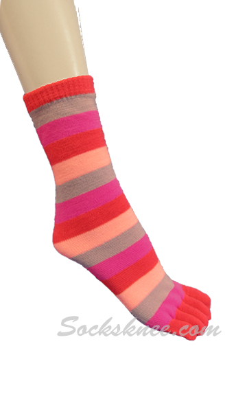 Raspberry, Neon Purple, Lilac Women Mid-Calf Striped Toe Socks