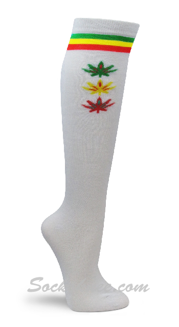 White Rasta stripes and Weed leaves knee high socks for Women - Click Image to Close
