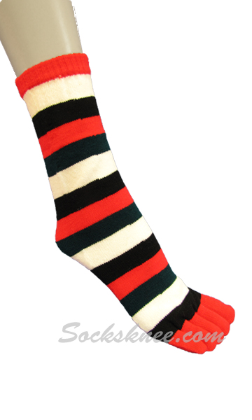 Red, Black, White Women Mid-Calf Striped Toe Socks