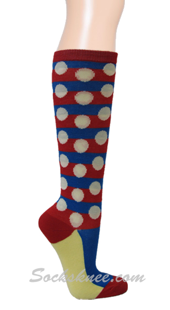 Bright Blue Red Striped With Dots Women Knee High Socks