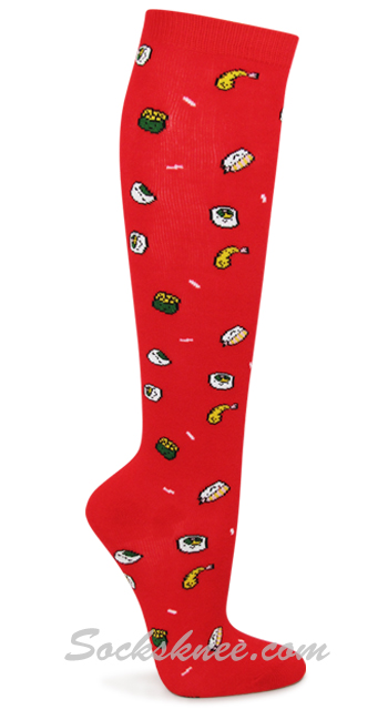 Ladies Red with Sushi Tempura Patterned Stylish Knee High Socks