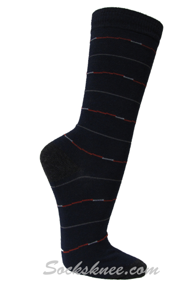 Charcoal Red Blue Lines in Black Mens Dress Socks