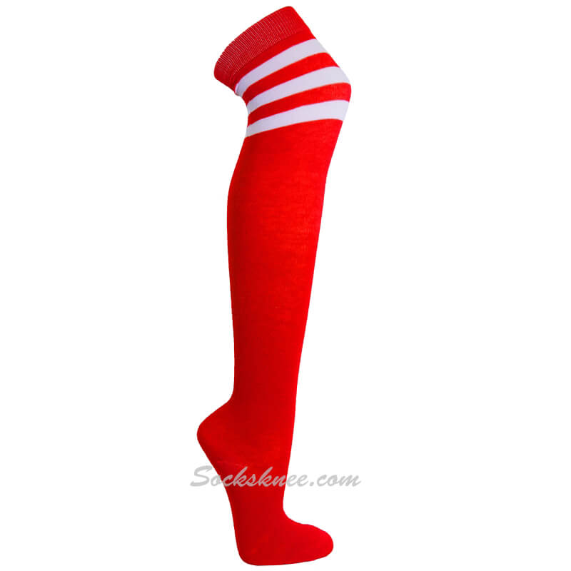 Red with White Triple Stripes Women Cosplay Over Knee Socks - Click Image to Close