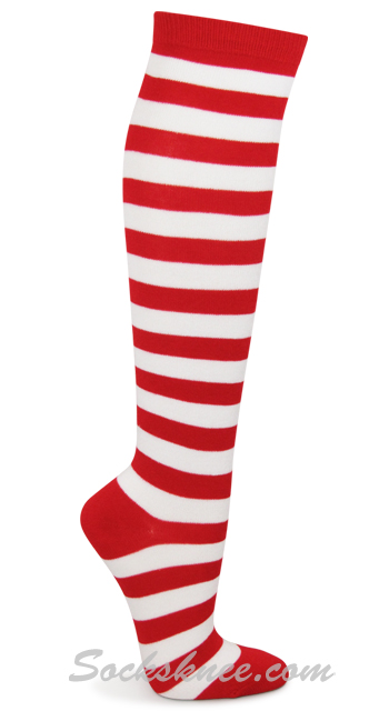 Red and White Wider Striped Knee Socks
