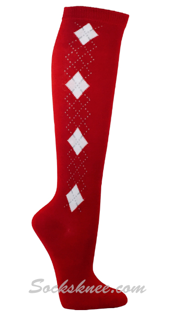 Women Red with White and Linear Argyle Designed Knee High Socks - Click Image to Close