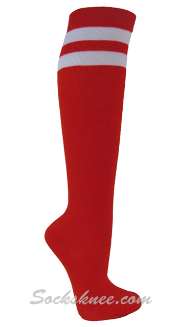 Red and 2 White Stripes Knee High Socks for Women & Junior
