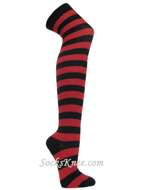 Black and red over knee wider striped socks - Click Image to Close