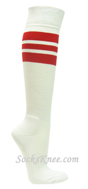 White cotton knee socks with red stripes for sports - Click Image to Close