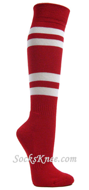 Red striped knee socks w 4white stripes for sports - Click Image to Close