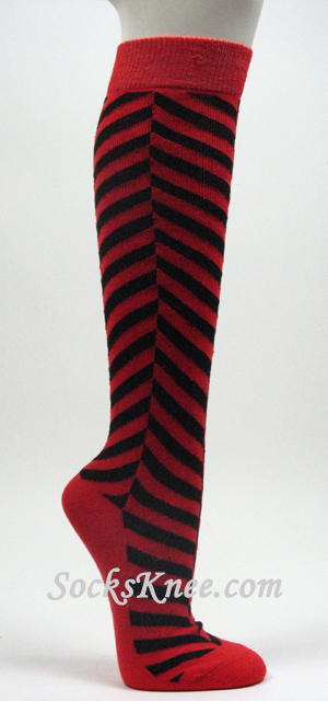 Red Black Chevron Herringbone Striped Knee Hi Socks for Women