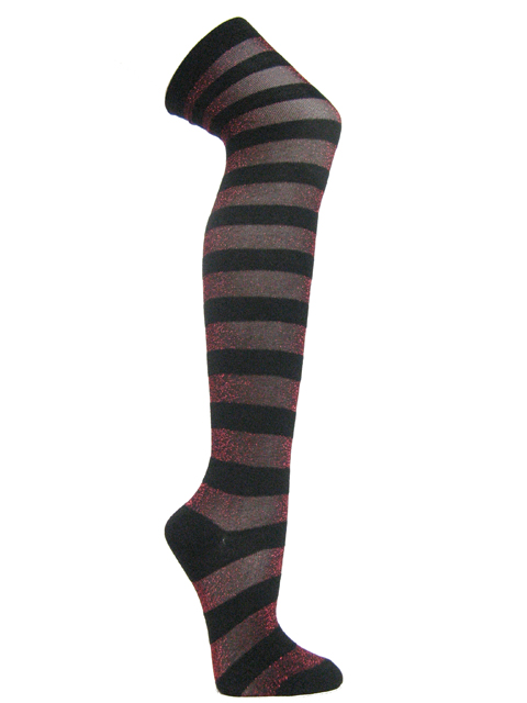 Red black glitter sparkling wide striped over knee socks