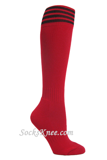 Red youth Football/Sports knee socks w black stripes - Click Image to Close