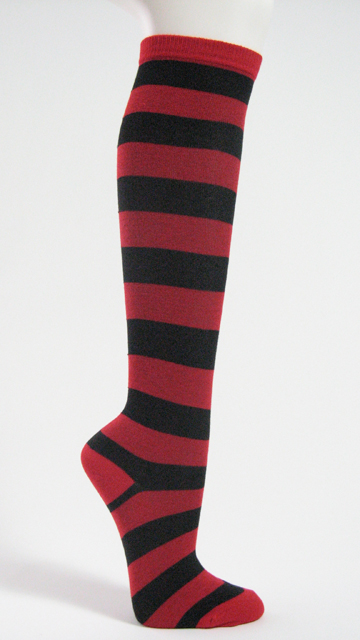 Red and black wider striped knee high socks - Click Image to Close