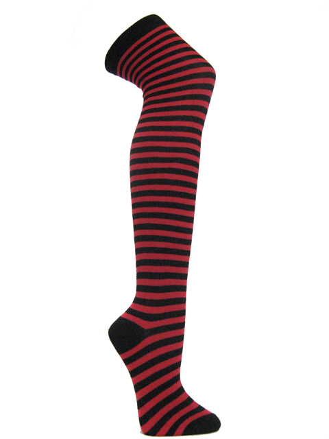 Black and red over knee striped socks - Click Image to Close