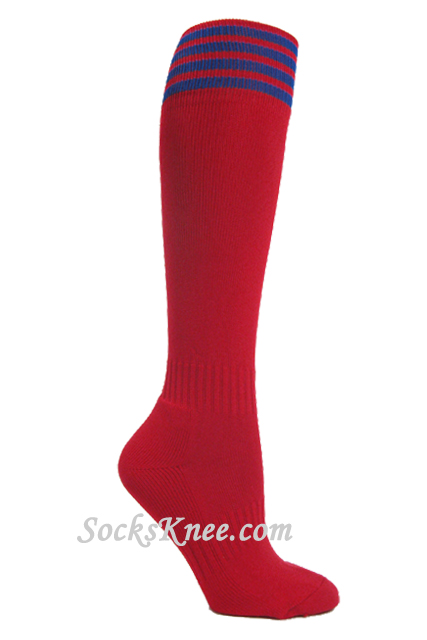Red youth Football/Sports knee socks w blue stripes - Click Image to Close