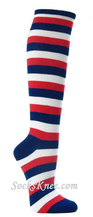 Blue White Red Striped Knee Socks for Women - Click Image to Close