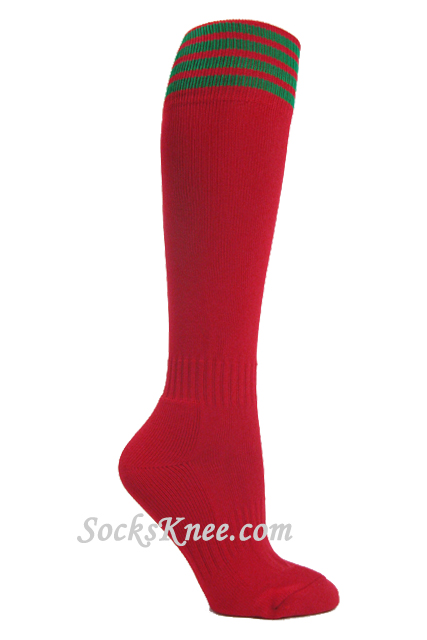 Red youth Football/Sports knee socks w green stripes - Click Image to Close
