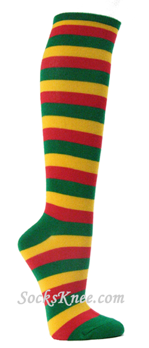 Green Yellow Red Rasta Striped Knee Socks for Women - Click Image to Close