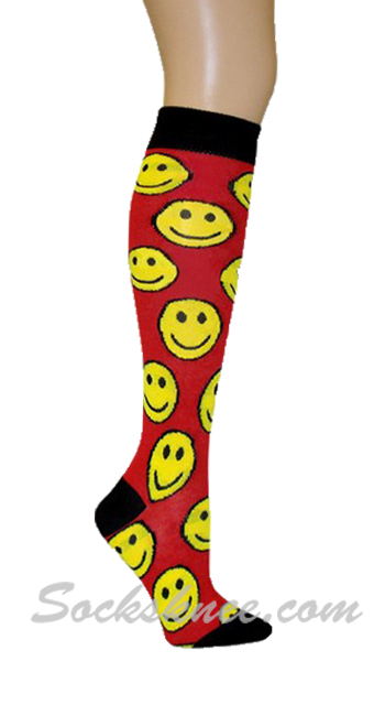 Happy Face Red Knee High Fashion Socks